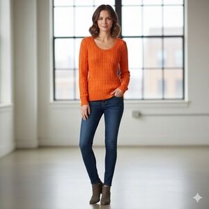 American Eagle Cable Knit Sweater Mens Medium Orange Scoop Neck Boho Cozy Warm